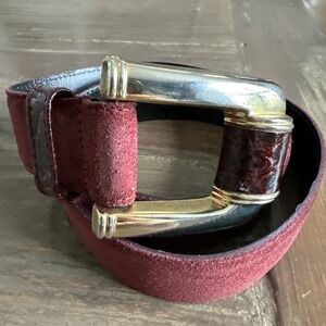 Vintage Womans Suede Belt S Burgundy Red Gold Buckle 80s Leather Shop High Waist